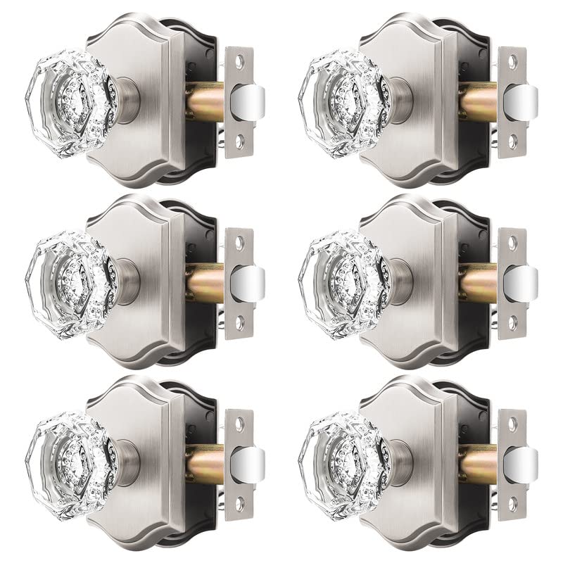 Orger Passage Door Knobs for Hallway and Closet, Glass Door Handles with Non-Locking Latch, Octagonal Clear Crystal Door Knobs 6 Pack, Satin Nickel Vintage Rosette with Heavy Duty Crystal - Image 1